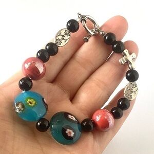 Millefiori Art Glass Cross Bracelet